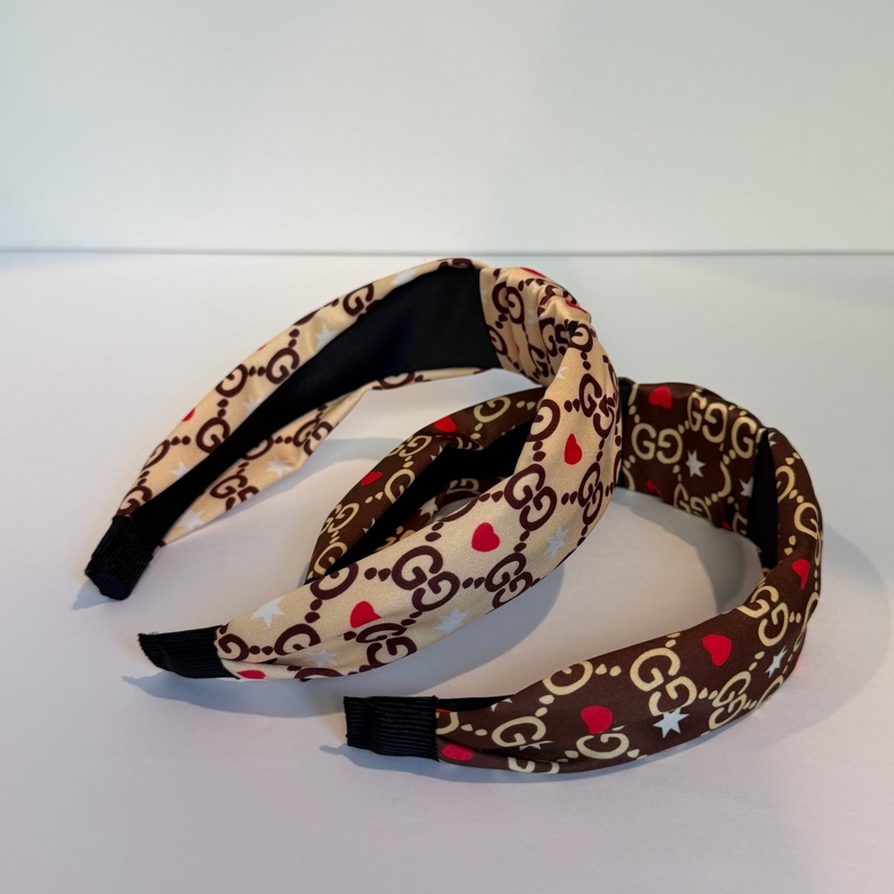 Knotted Satin Headband - Brown and Beige with Red Accent - Picture 3 of 6